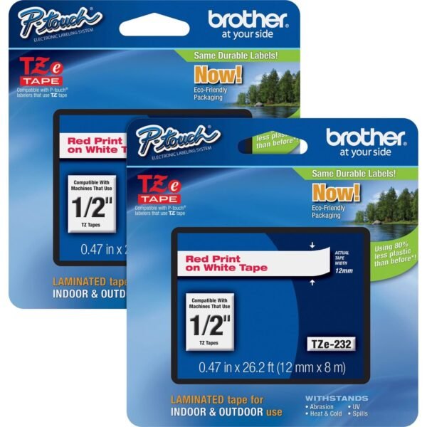 Brother P-touch TZe Laminated Tape Cartridges x 1/2" Width - Rectangle - White - Water Resistant - Laminated - Grease Resistant, Grime Resistant, Temperature Resistant - 2 /...