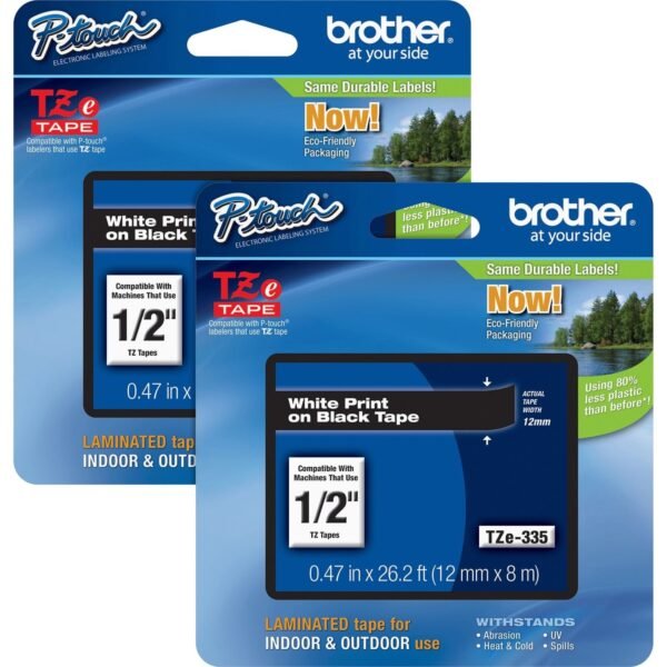 Brother P-touch TZe Laminated Tape Cartridges x 15/32" Width - Rectangle - Black - Water Resistant - Laminated - 2 / Bundle (TZE335BD)