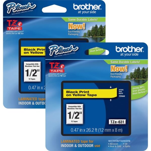 Brother P-touch TZe Laminated Tape Cartridges x 15/32" Width - Rectangle - Yellow - Water Resistant - Laminated - Grease Resistant, Grime Resistant, Temperature Resistant - 2 /...