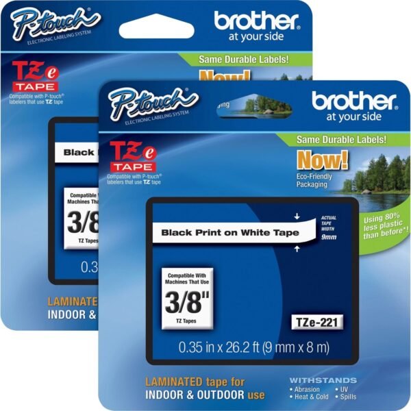 Brother P-touch TZe Laminated Tape Cartridges x 3/8" Width - Rectangle - White - Polyester Film, Polyethylene Terephthalate (PET) - Water Resistant - Laminated - Grease...