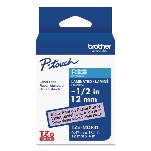 Brother TZ Standard Adhesive Laminated Labeling Tape, 0.47" x 26.2 ft, Pastel Purple (TZEMQF31)