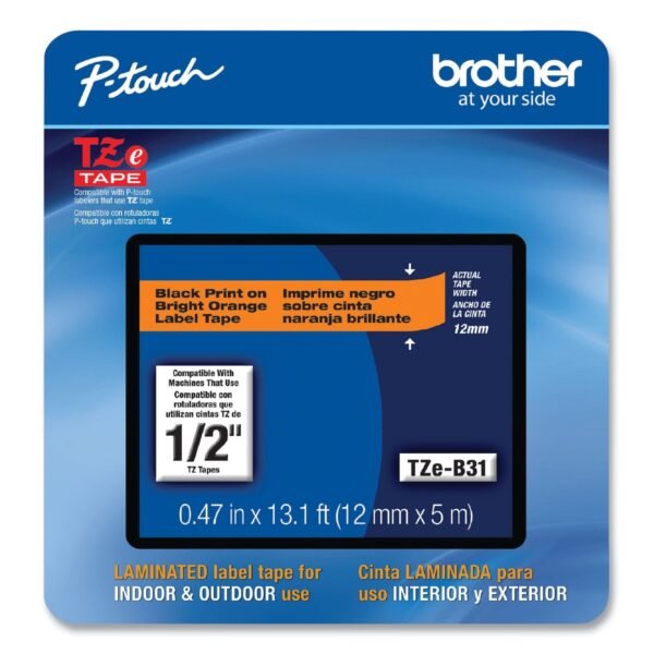 Brother TZe Laminated Removable Label Tapes, 0.47" x 26.2 ft, Black on Orange (TZEB31CS)
