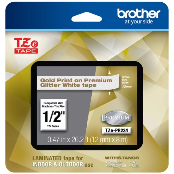 Brother TZe Premium Laminated Tape, 0.94" x 26.2 ft, Gold on White (TZEPR234)