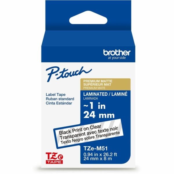 Brother TZe Premium Matte Laminated Tape x 15/16" Width - Cartridge - Matte - Matte Clear - Water Resistant - Laminated - Strong, Durable, Long Lasting, Customizable - 26.20 ft...