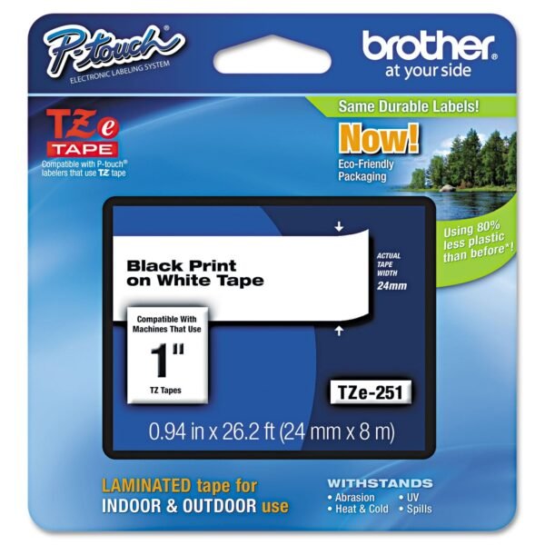 Brother TZe Standard Adhesive Laminated Labeling Tape, 0.94" x 26.2 ft, Black on White (TZE251)