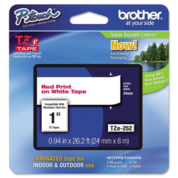 Brother TZe Standard Adhesive Laminated Labeling Tape, 0.94" x 26.2 ft, Red on White (TZE252)