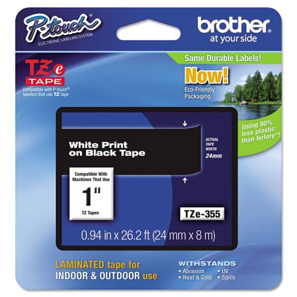 Brother TZe Standard Adhesive Laminated Labeling Tape, 0.94" x 26.2 ft, White on Black (TZE355)