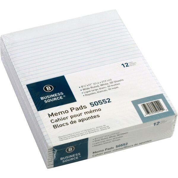 Business Source Glued Top Ruled Memo Pads - Letter 50 Sheets - Glue - Wide Ruled Front Ruling - 16 lb Basis Weight - Letter - 8 1/2" x 11" Sheet Size - White Paper - 1 Dozen...