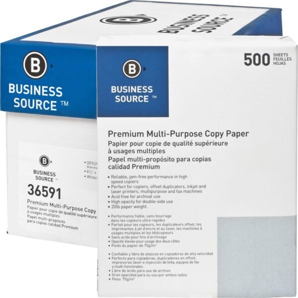 Business Source Premium Multipurpose Copy Paper 92 Brightness - Letter - 8 1/2" x 11" - 20 lb Basis Weight - Acid-free - White - 500 Sheets per Ream - 400 / Pallet (BSN36591PL)