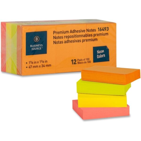 Business Source Premium Repostionable Adhesive Notes 1 1/2" Flag/Note Width x 2" Flag/Note Length - Rectangle - Unruled - Neon - Self-adhesive, Repositionable, Solvent-free...