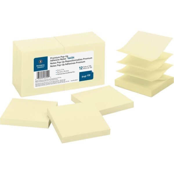 Business Source Reposition Pop-up Adhesive Notes 3" Flag/Note Width x 3" Flag/Note Length - Square - Yellow - Removable, Repositionable, Solvent-free Adhesive - 12 / Pack...