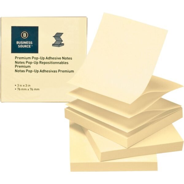 Business Source Reposition Pop-up Adhesive Notes 3" Flag/Note Width x 3" Flag/Note Length - Square - Yellow - Removable, Repositionable, Solvent-free Adhesive, Fanfold, Pop-up -...