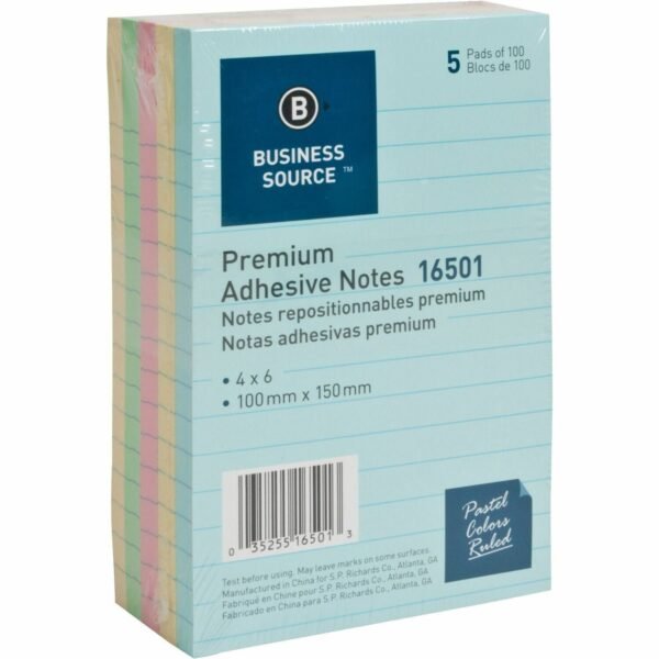 Business Source Ruled Adhesive Notes 4" Flag/Note Width x 6" Flag/Note Length - Square - Ruled - Pastel - Self-adhesive, Solvent-free Adhesive - 5 / Pack (BSN16501)