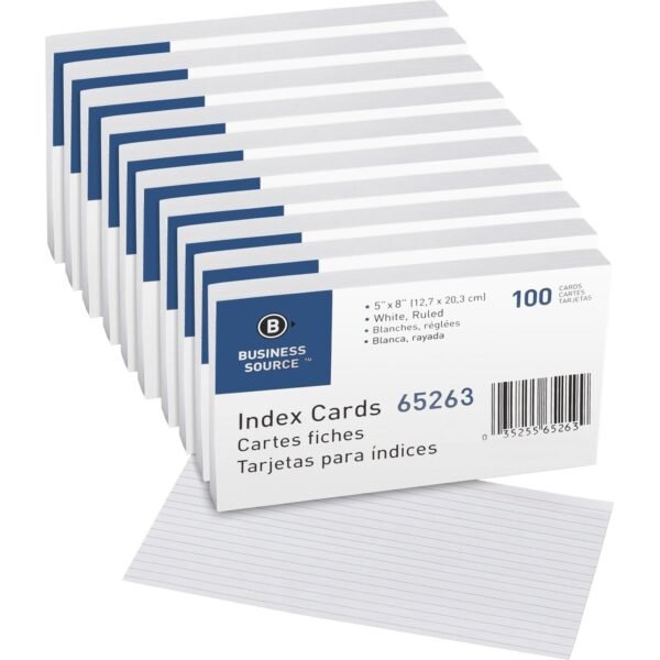 Business Source Ruled Index Cards Front Ruling Surface - Ruled Front Ruling - 72 lb Basis Weight - 8" x 5" Sheet Size - White Paper - 100/Pack - 5 / Box (BSN65263BX)