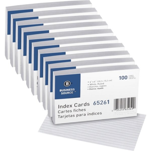 Business Source Ruled Index Cards Front Ruling Surface - Ruled Front Ruling - 72 lb Basis Weight - 6" x 4" Sheet Size - White Paper - 100/Pack - 10 / Box (BSN65261BX)