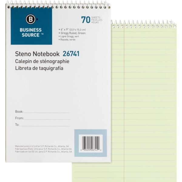 Business Source Steno Notebook 70 Sheets - Wire Bound - Gregg Ruled Margin - 15 lb Basis Weight - 6" x 9" Sheet Size - Green Paper - Stiff-back - 1 Each (BSN26741)