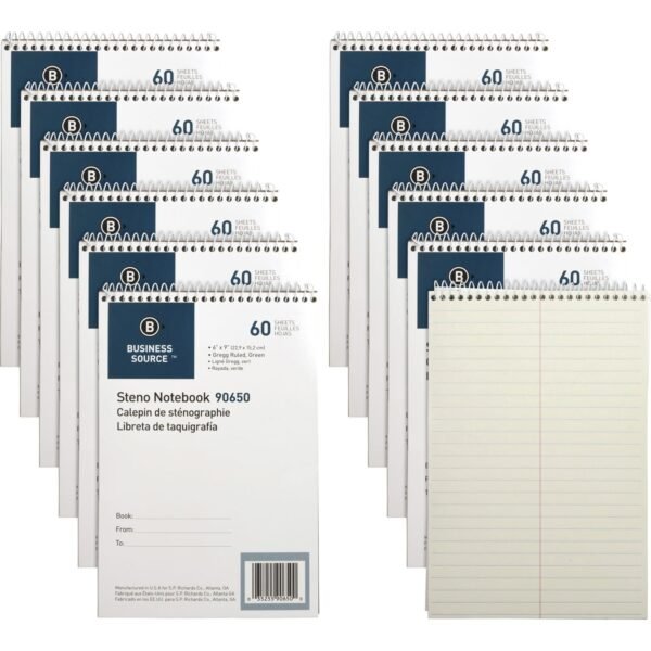 Business Source Steno Notebooks 60 Sheets - Coilock - Gregg Ruled Front Ruling - 6" x 9" Sheet Size - Green Tint Paper - Stiff-back, Sturdy - 12 / Pack (BSN90650PK)