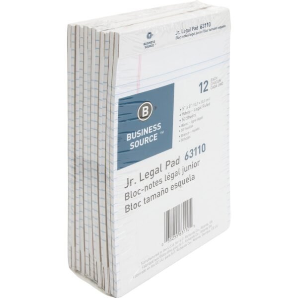 Business Source Writing Pads 50 Sheets - 0.28" Ruled - 16 lb Basis Weight - Jr.Legal - 8" x 5" Sheet Size - White Paper - Micro Perforated, Easy Tear, Sturdy Back - 1 Dozen...