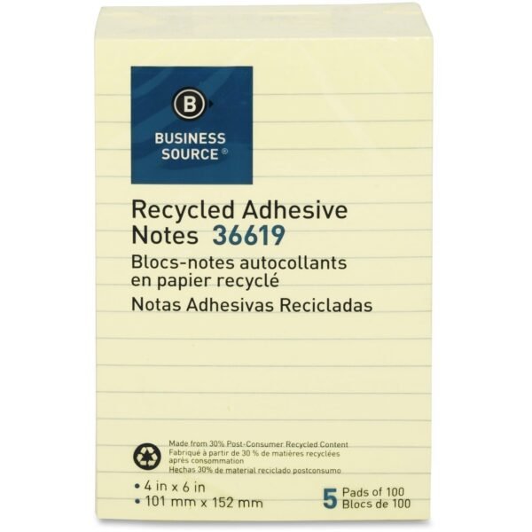 Business Source Yellow Adhesive Notes 4" Flag/Note Width x 6" Flag/Note Length - Rectangle - Ruled - Yellow - Self-adhesive, Removable - Recycled - 5 / Pack (BSN36619)