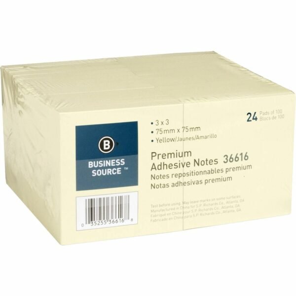 Business Source Yellow Repostionable Adhesive Notes 3" Flag/Note Width x 3" Flag/Note Length - Square - Yellow - Repositionable, Solvent-free Adhesive - 24 / Pack (BSN36616)
