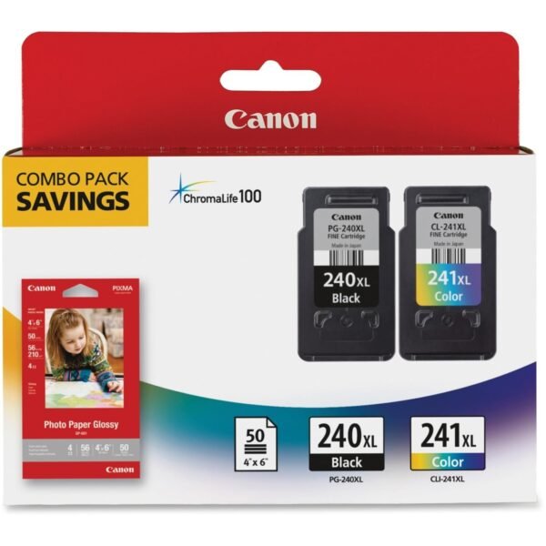Canon PG-240XL/CL-241XL/GP-502 Original High Yield Inkjet Ink Cartridge/Paper Kit - Combo Pack - Black, Tri-color - 2 / Pack Inkjet - High Yield - 2 / Pack (240XCL241XL)
