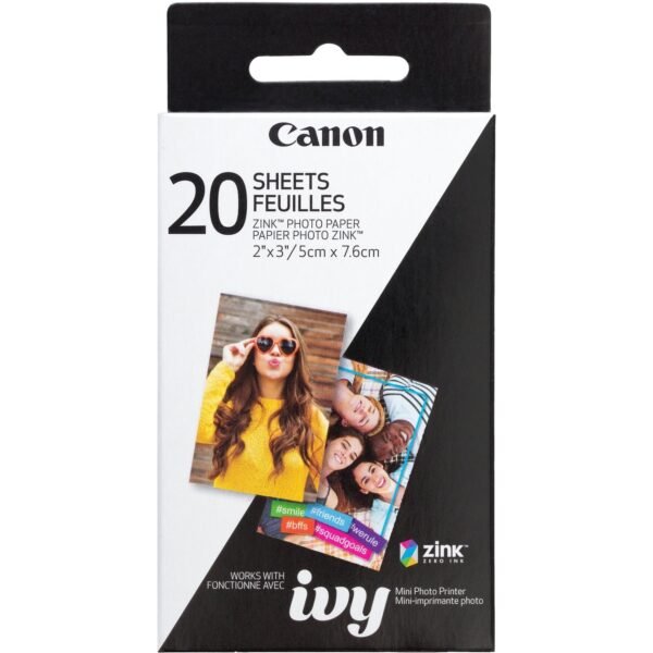 Canon ZINK Photo Paper 2" x 3" - Glossy - 1 Each - 20 Sheets - Smudge-free, Water Resistant, Tear Resistant - White (ZINCPAPER20)