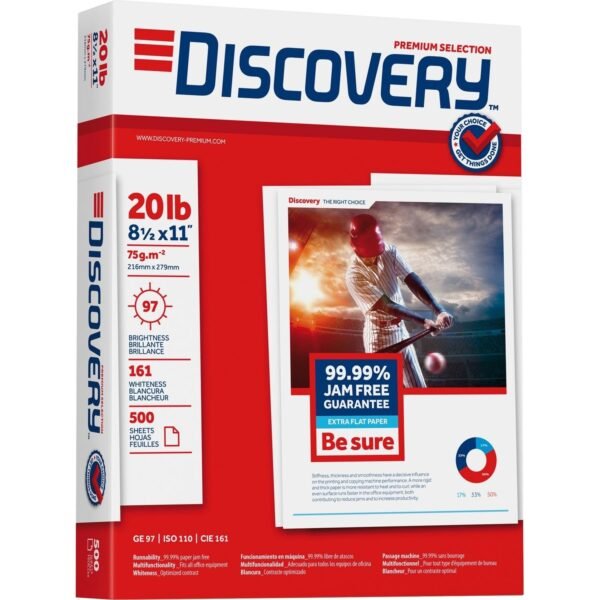 Discovery 3HP Premium Multipurpose Paper - Anti-Jam - Ultra White 97 Brightness - Letter - 8 1/2" x 11" - 20 lb Basis Weight - Excellent Ink Absorption - Ultra White - 500...