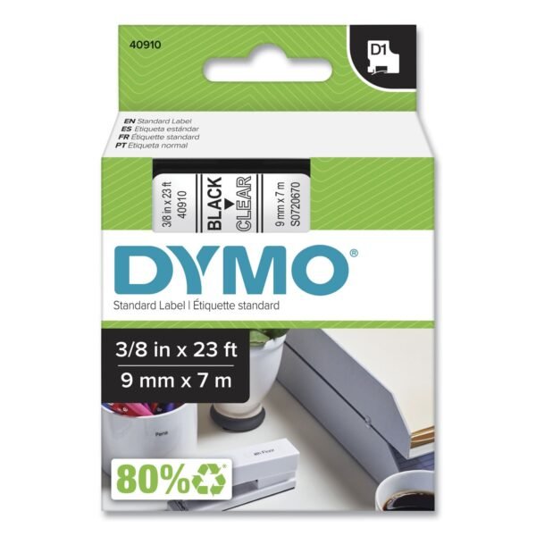 DYMO D1 High-Performance Polyester Removable Label Tape, 0.37" x 23 ft, Black on Clear (40910)