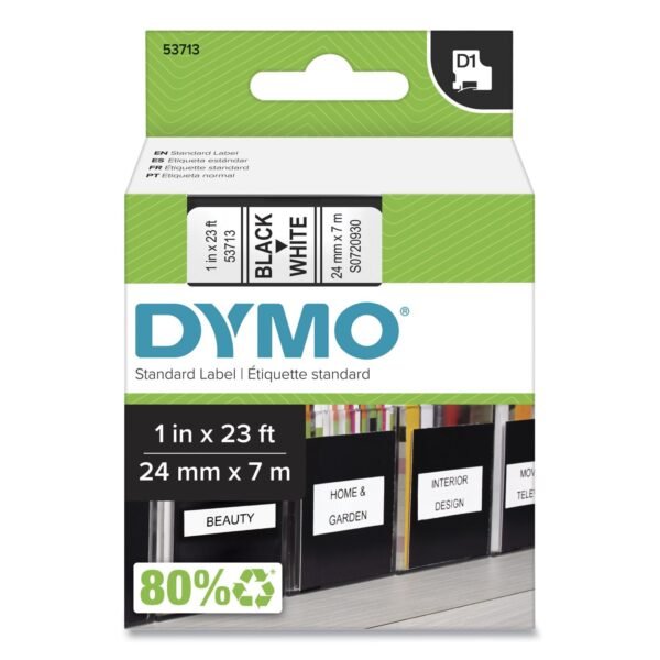 DYMO D1 High-Performance Polyester Removable Label Tape, 1" x 23 ft, Black on White (53713)