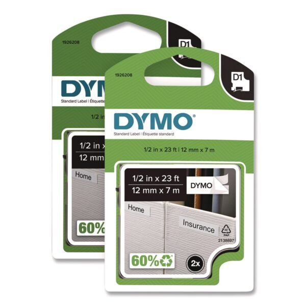 DYMO D1 Standard Labels, 0.5" x 23 ft, Black Print on White Tape, 2/Pack (1926208)