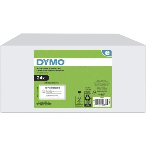 Dymo LabelWriter Business Card Label x 2" Width x 3 1/2" Length - Roll - Direct Thermal - White - Non-adhesive - 300 / Roll - 24 / Box (2173844)