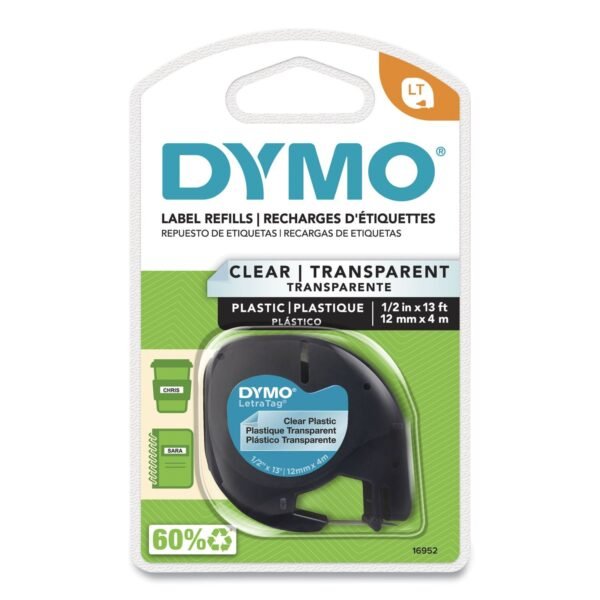 DYMO LetraTag Plastic Label Tape Cassette, 0.5" x 13 ft, Clear (16952)