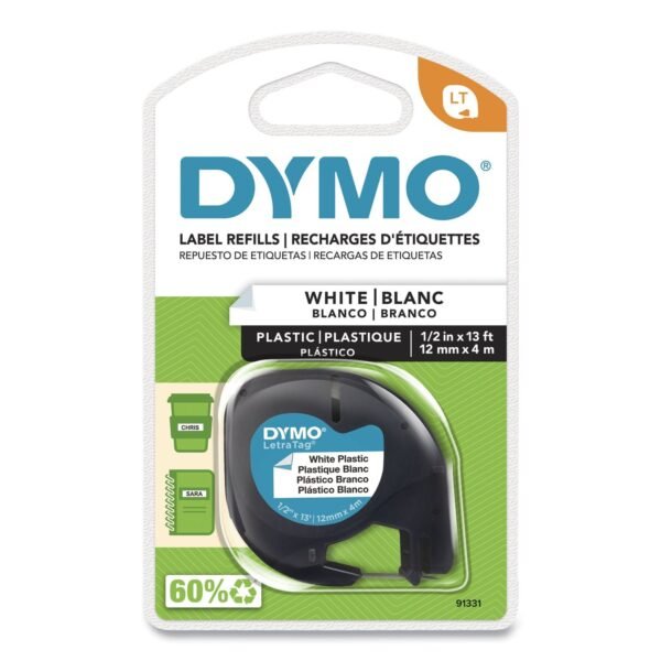 DYMO LetraTag Plastic Label Tape Cassette, 0.5" x 13 ft, White (91331)