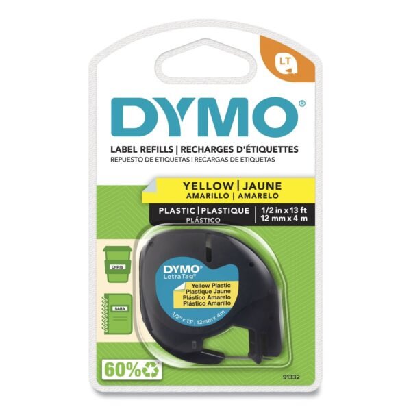 DYMO LetraTag Plastic Label Tape Cassette, 0.5" x 13 ft, Yellow (91332)