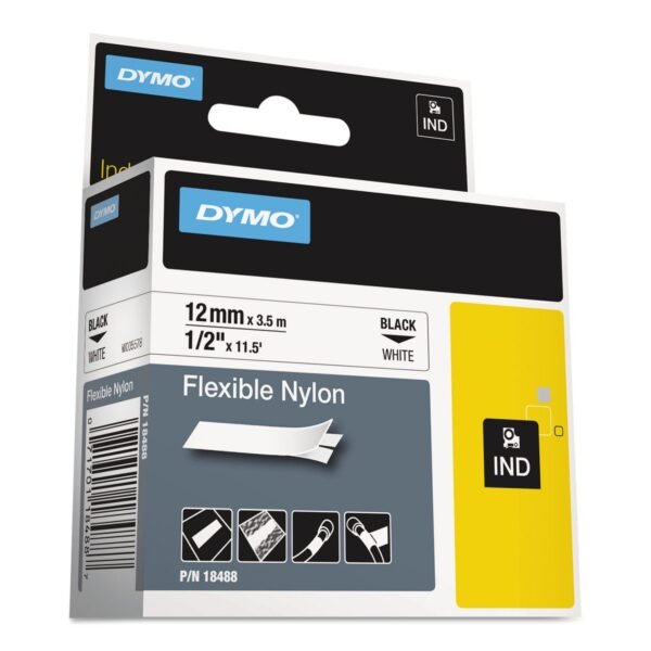 DYMO Rhino Flexible Nylon Industrial Label Tape, 0.5" x 11.5 ft, White/Black Print (18488)