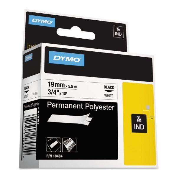 DYMO Rhino Permanent Poly Industrial Label Tape, 0.75" x 18 ft, White/Black Print (18484)