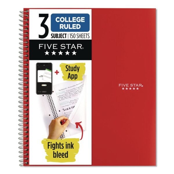 Five Star Wirebound Notebook, 3-Subject, Medium/College Rule, Fire Red Cover, (150) 11 x 8.5 Sheets (72065)