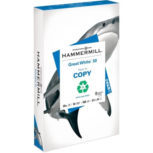 Hammermill Great White Recycled Copy Paper - White 92 Brightness - Legal - 8 1/2" x 14" - 20 lb Basis Weight - Acid-free, Moisture Resistant, Archival-safe, Jam-free - White -...