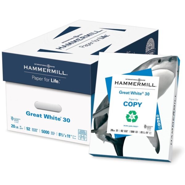 Hammermill Great White Recycled Copy Paper - White 92 Brightness - Letter - 8 1/2" x 11" - 20 lb Basis Weight - Acid-free, Archival-safe, Jam-free - White - 500 Sheets per Ream...
