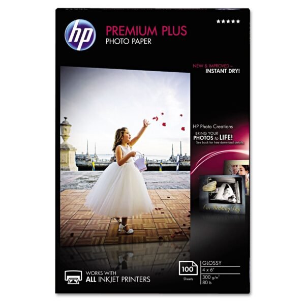 HP Premium Plus Photo Paper, 11.5 mil, 4 x 6, Glossy White, 100/Pack (CR668A)