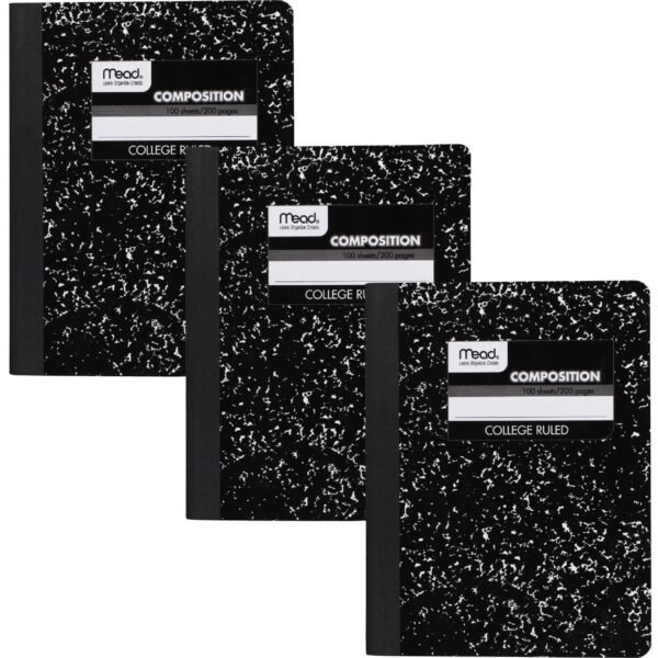 Mead College Ruled Comp Book 100 Sheets - Sewn - 9 3/4" x 7 1/2" Sheet Size - 9" Height x 7" Width x 0.5" Length - White Paper - Black Marble Cover - Multiplication Table,...