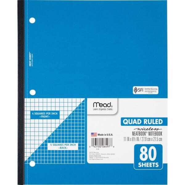 Mead Quad Wireless Neatbook Notebook - Letter 1 Subject(s) - 80 Sheets - 160 Pages - Perfect Bound - Both Side Ruling Surface - 3 Hole(s) - Letter - 8 1/2" x 11" Sheet Size -...