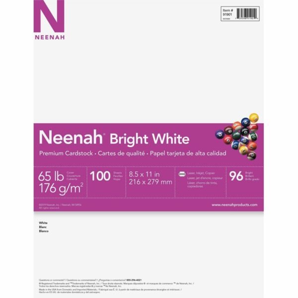 Neenah Paper Neenah Bright White Cardstock Letter - 8 1/2" x 11" - 65 lb Basis Weight - Smooth - Acid-free, Lignin-free - Bright White - 100 / Pack (91901)