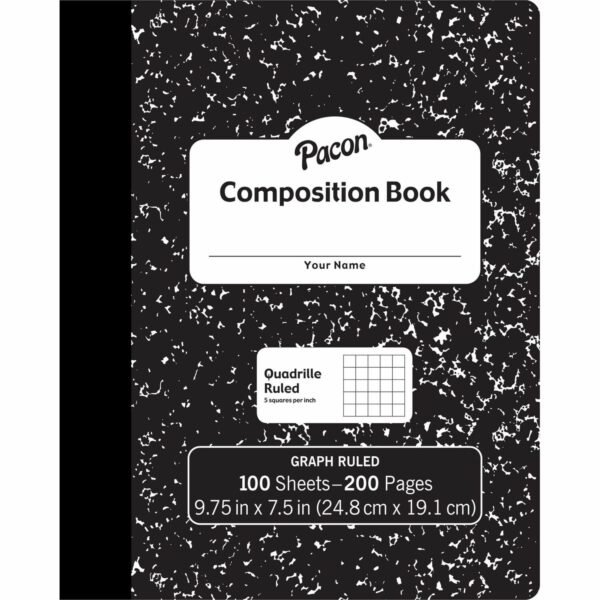 Pacon Composition Book 100 Sheets - 200 Pages - Quad Ruled Front Ruling - 0.20" Ruled - 9.75" Height x 7.5" Width x 0.1" Length - White Paper - Black Marble Cover - Durable,...