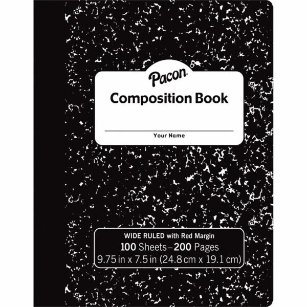 Pacon Composition Book 100 Sheets - 200 Pages - Wide Ruled Front Ruling - 0.38" Ruled - Red Margin - 9.75" Height x 7.5" Width x 0.1" Length - White Paper - Black Marble Cover -...