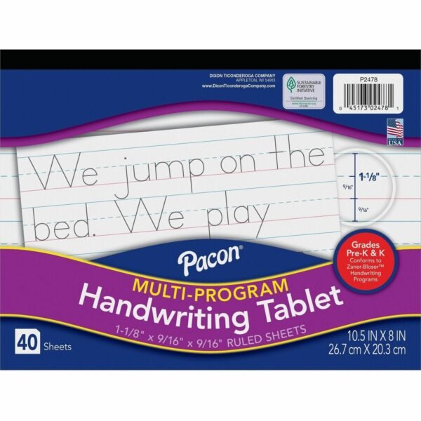 Pacon Multi-Program Handwriting Tablet 40 Sheets - Both Side Ruling Surface - Ruled Front Ruling - 1.13" Ruled - 10 1/2" x 8" Sheet Size - White Paper - Assorted Cover -...