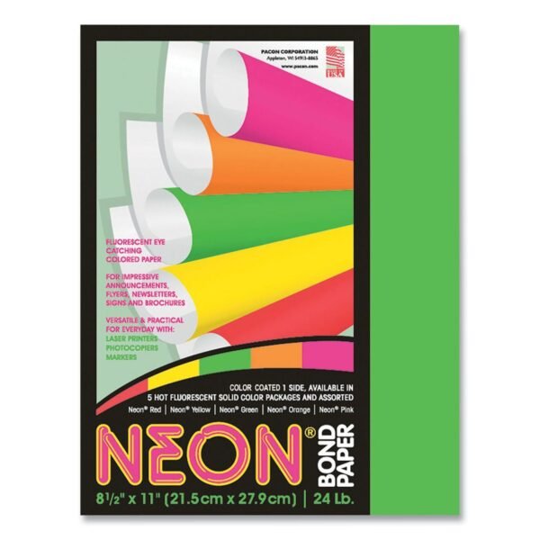 Pacon Neon Multi-Purpose Paper, 24 lb Bond Weight, 8.5 x 11, Green, 100/Pack (104317)