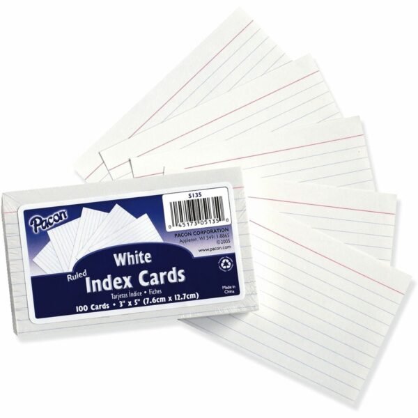 Pacon Ruled Index Cards Front Ruling Surface - Ruled Front Ruling - 0.25" Ruled - Index Card - 3" x 5" Sheet Size - White Paper - Sturdy - 100 / Pack (5135)