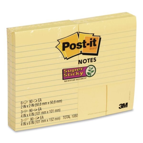Post-it Canary Yellow Pads Combo Pack, (6) Unruled 1.88 x 1.88, (3) Note Ruled 4 x 4, (3) Note Ruled 4 x 6, 90 Sheets/Pad, 12 Pads/PK (2937240)