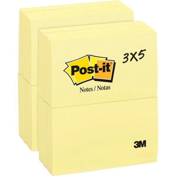Post-it® Notes Original Notepads 3" Flag/Note Width x 5" Flag/Note Length - Rectangle - 100 Sheets per Pad - Unruled - Canary Yellow - Paper - Self-adhesive, Repositionable -...
